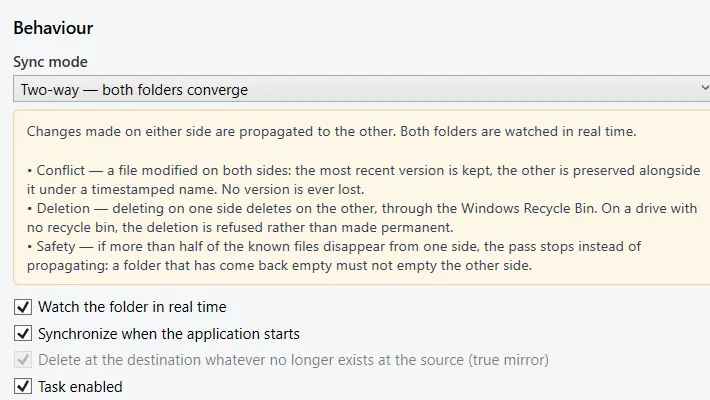 Choosing a task's mode: mirror or two-way, each explained