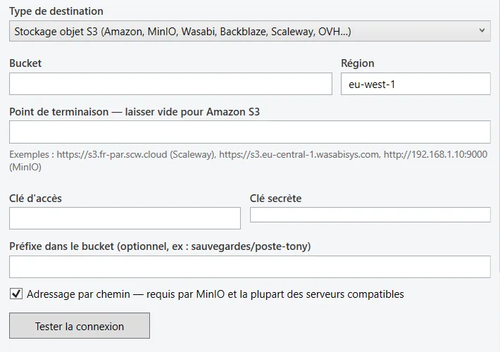 Configuration d'une destination S3 dans SyncMirror, avec le bouton de test de connexion